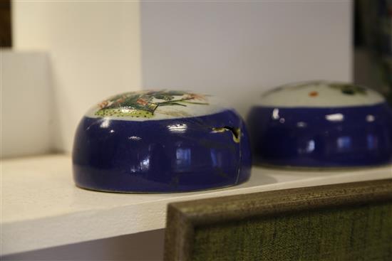 A pair of large Chinese famille verte powder blue ground jars and covers, late 19th century, 34.5cm, wood stands, one cover damaged,